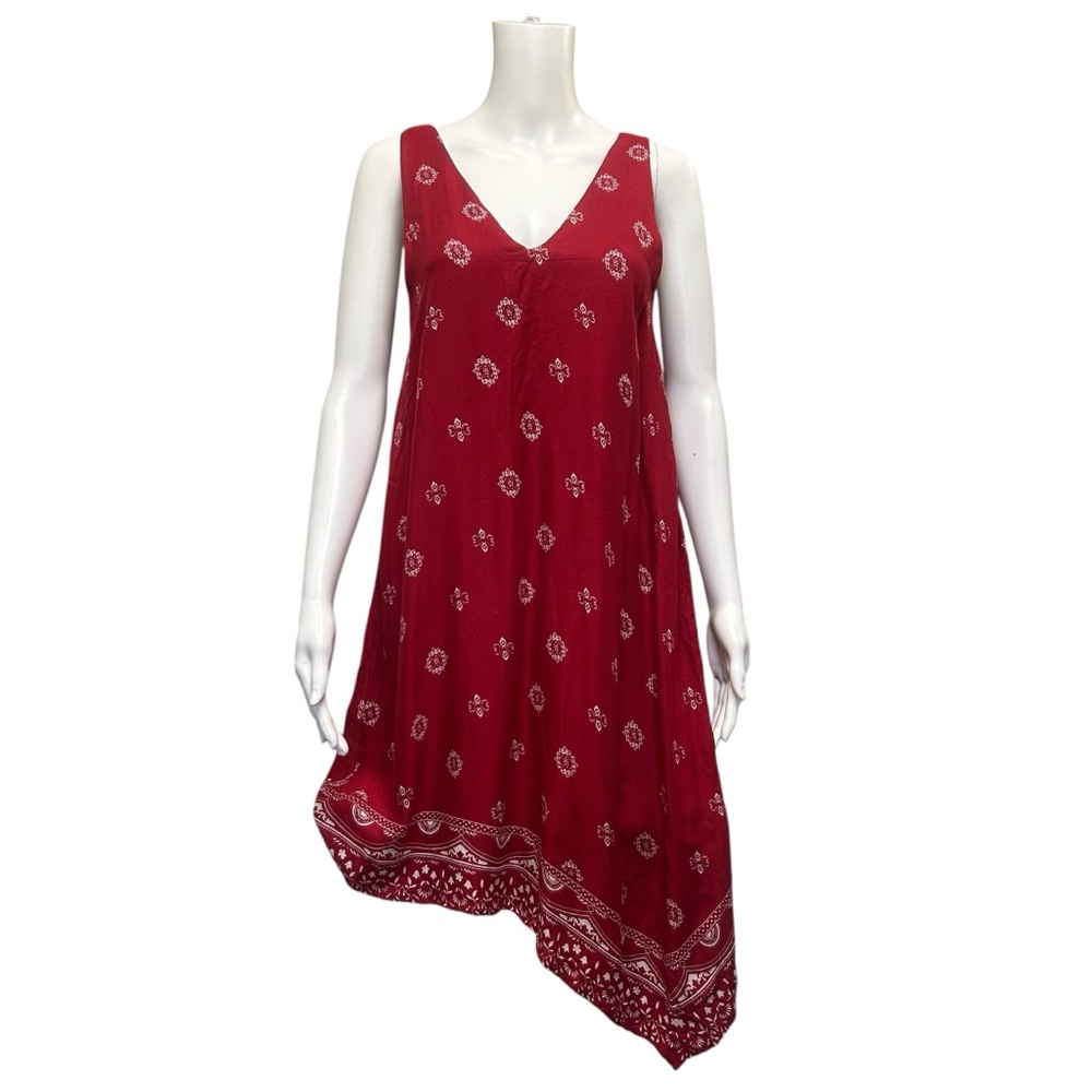 California Moonrise Red Bandhani Print Handkerchief Hem Dress Size S
